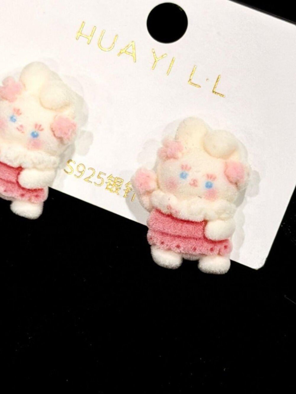 Fuzzy Bunny Bear Stud Earrings Pink S925
